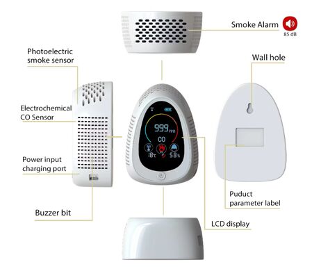 Harga yang bagus GZAIR PT03 5-in-1 Air Quality Monitor - Deteksi CO/ asap/ suhu/ kelembaban, konektivitas WiFi, instalasi ganda dinding/ desktop on line