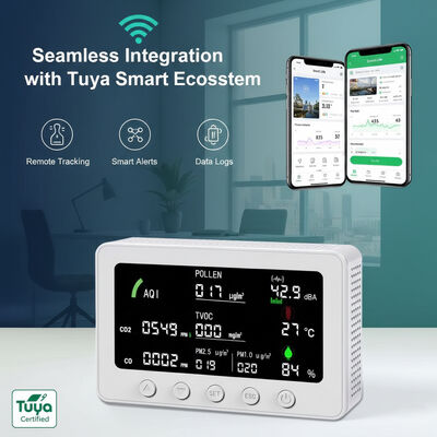 Detektor IAQ Cerdas Tuya 10-in-1 Bersertifikat CE FCC OEM ODM PM1.0/PM2.5/CO2/CO/TVOC/SERBUK SARI/Monitor AQI dengan RS485